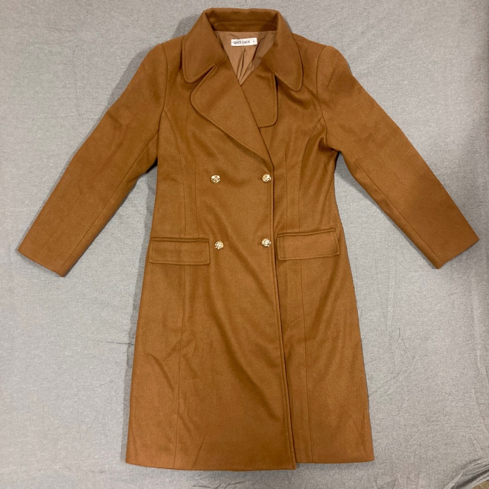 Grace Karin Womens Camel Brown Double Breasted Pea Coat Gold Buttons Size M